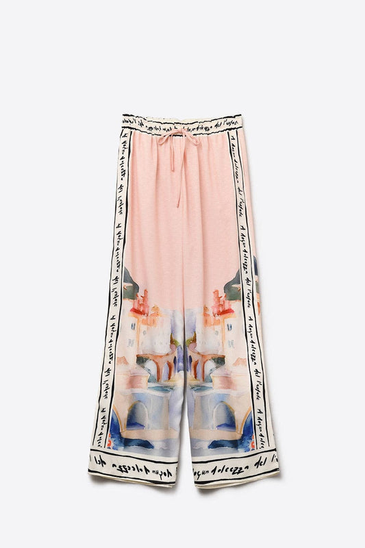 Pale Pink Printed Wide Leg Trousers