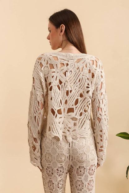 Beige Long Sleeve Crochet Top