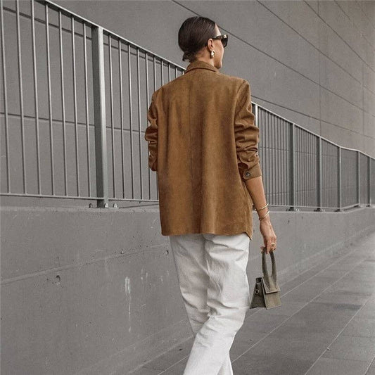 Brown Loose Collar Suedette Jacket