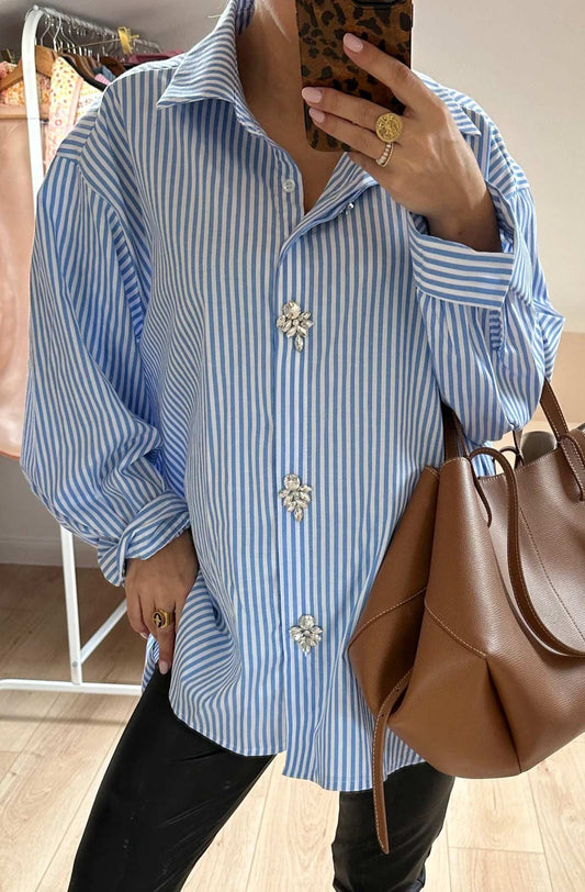 Blue Stripe Shirt with Diamanté Trim