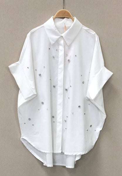 White Cotton Diamante Embellished Cotton Shirt
