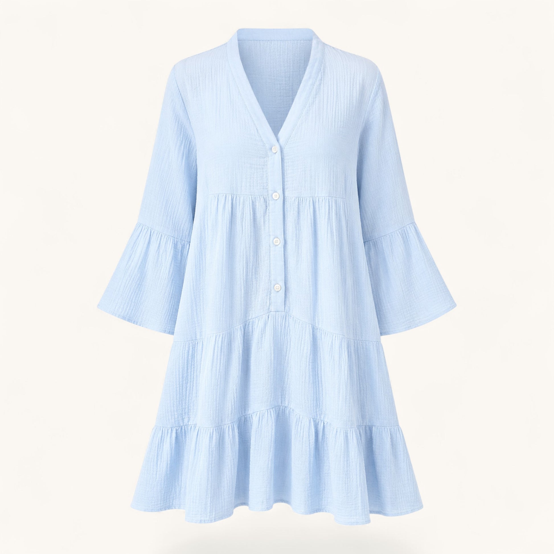 Feather & Sole light blue tiered short dress in 100% cotton gauze with a V-neck and button-front closure.