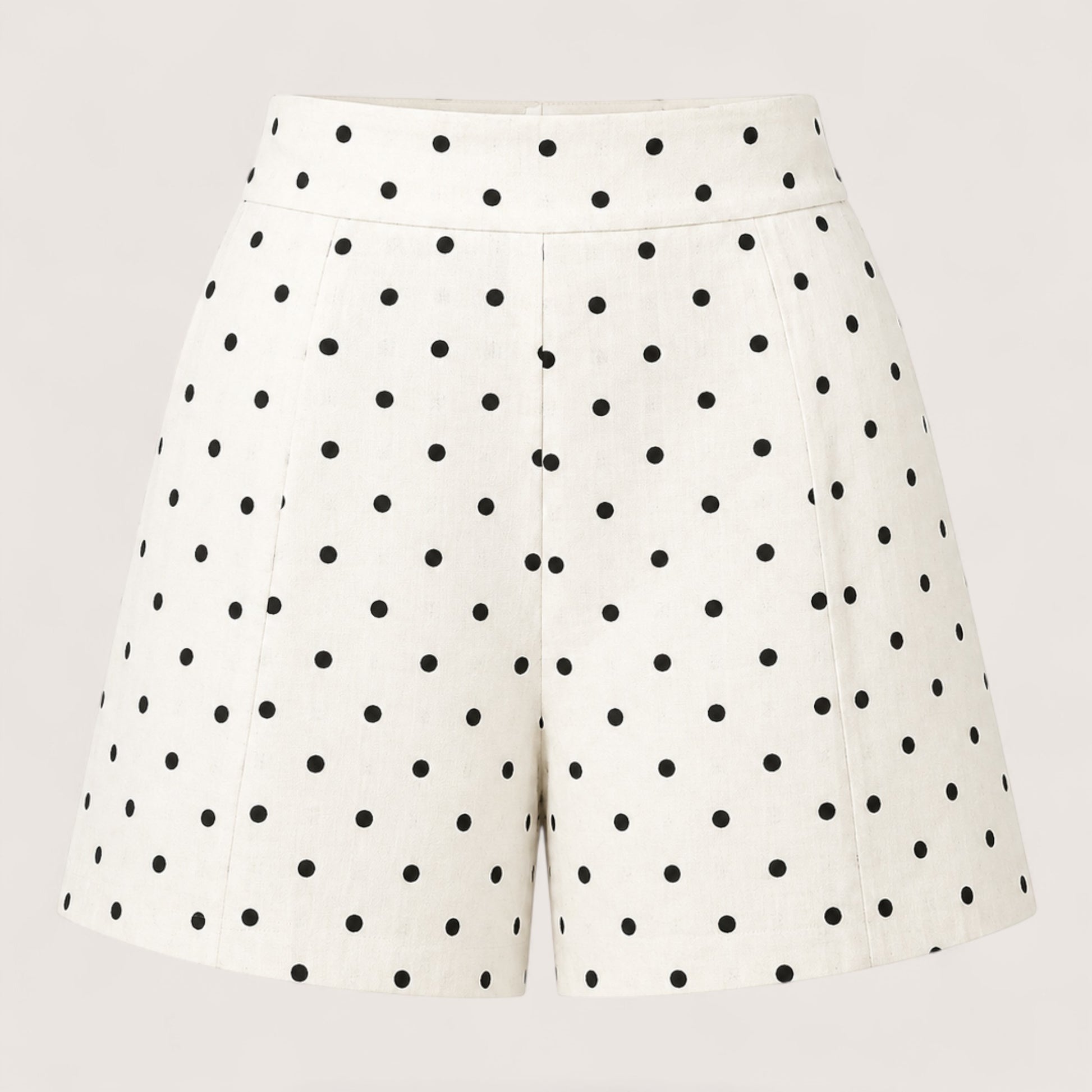 Feather & Sole white linen-blend shorts with black polka dots, featuring a high waist and tailored fit.