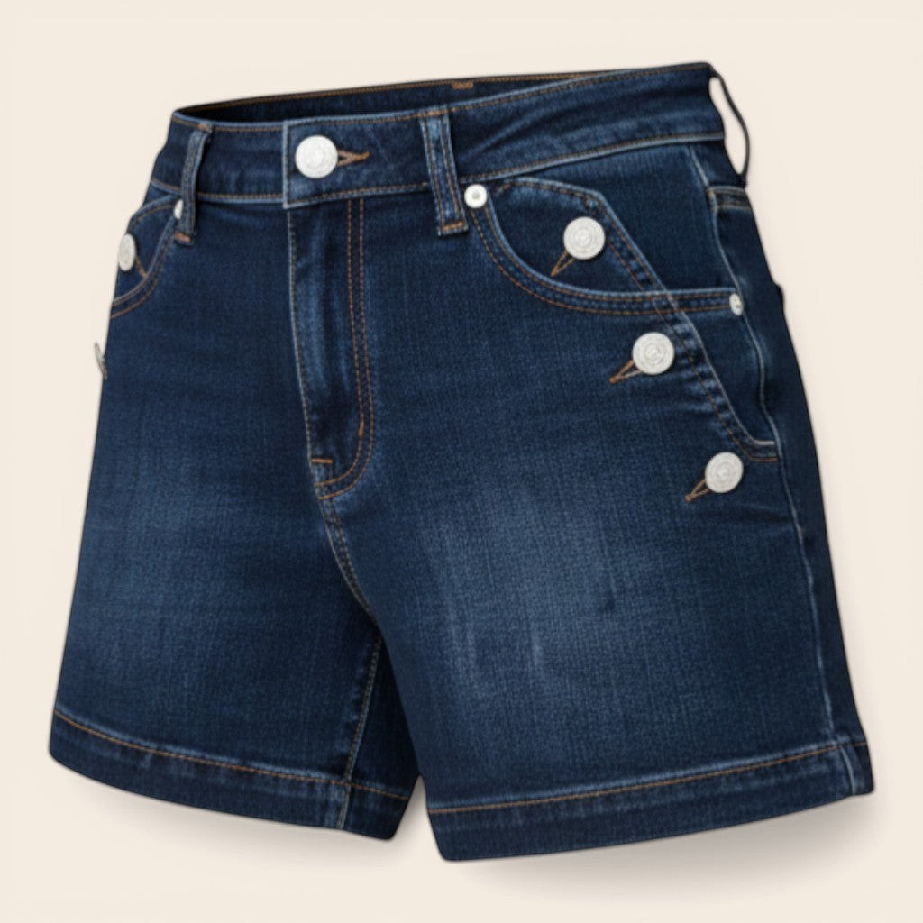 Feather & Sole dark blue stretch denim high-waisted shorts with button details on pockets and zipper fly.