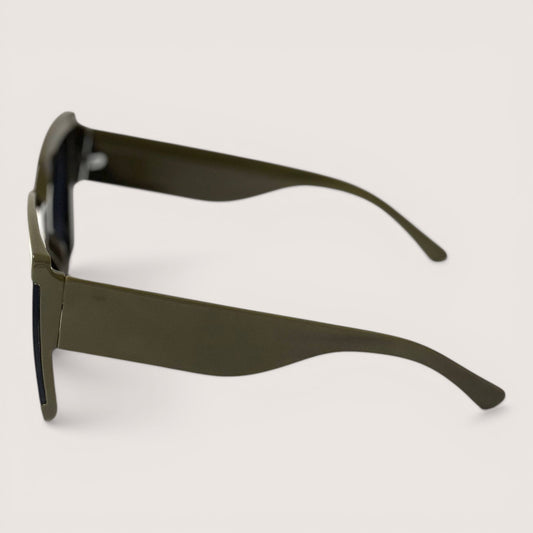 Feather & Sole oversized square sunglasses in dark green with dark tinted lenses and chunky frames.