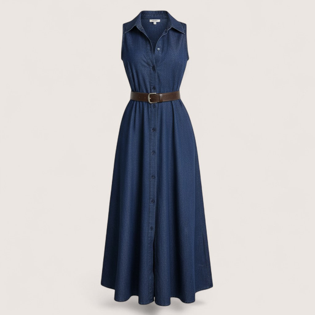 Feather & Sole sleeveless dark blue denim midi dress with a brown belt and button front.