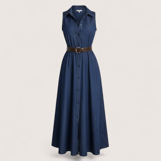 Feather & Sole sleeveless dark blue denim midi dress with a brown belt and button front.