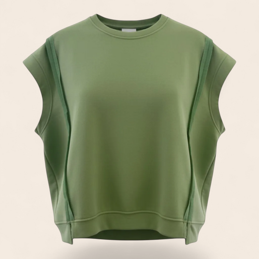 Feather & Sole olive green sleeveless sweater-style t-shirt with seam detailing on shoulders and sides.