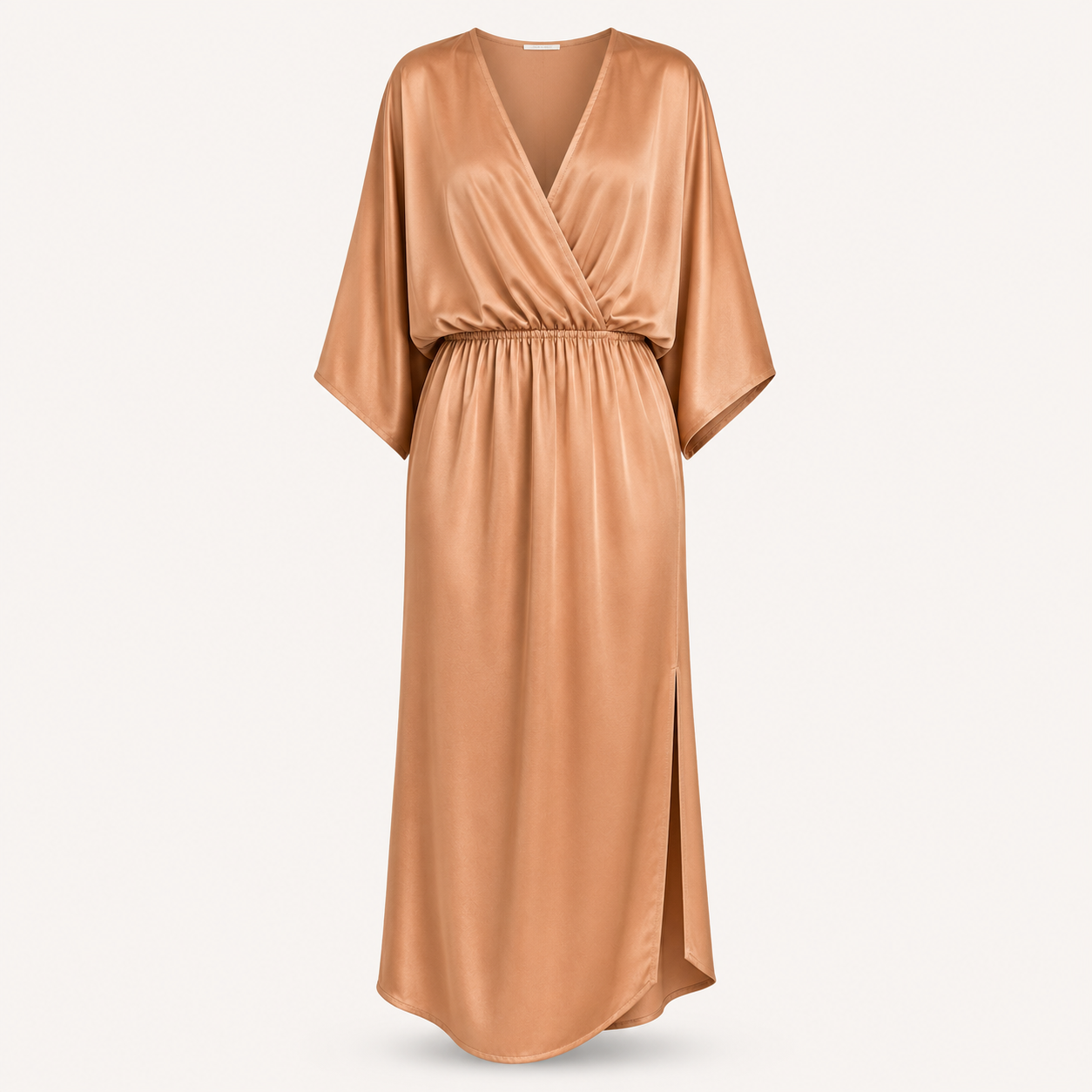A satin-like midi dress in a warm camel or tan shade, featuring a V-neckline, draped short sleeves, a gathered waist, and a side slit, shown against a plain light background.