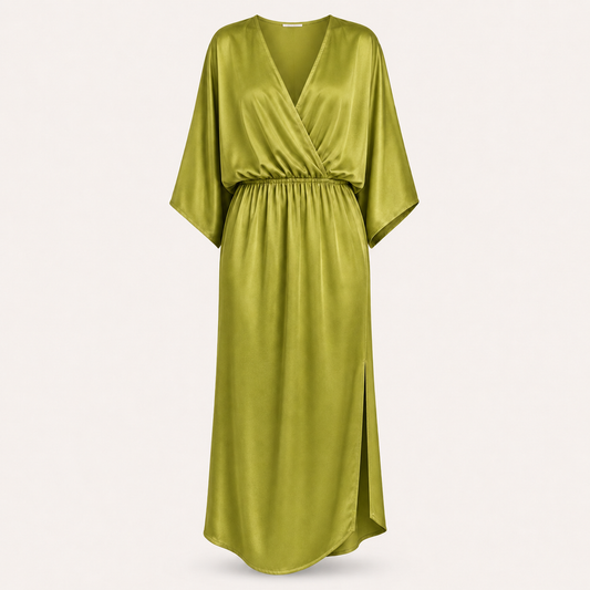 An olive green satin wrap maxi dress with wide draped sleeves and a gathered waist, shown against a plain light beige background.