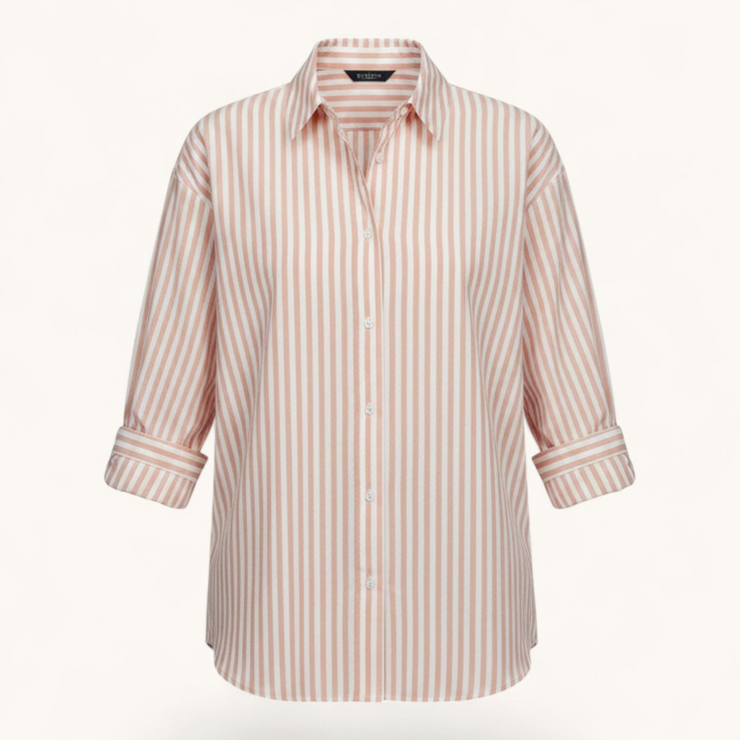 Feather & Sole pink and white striped cotton button-down shirt with "Hello Sunshine" embroidery.