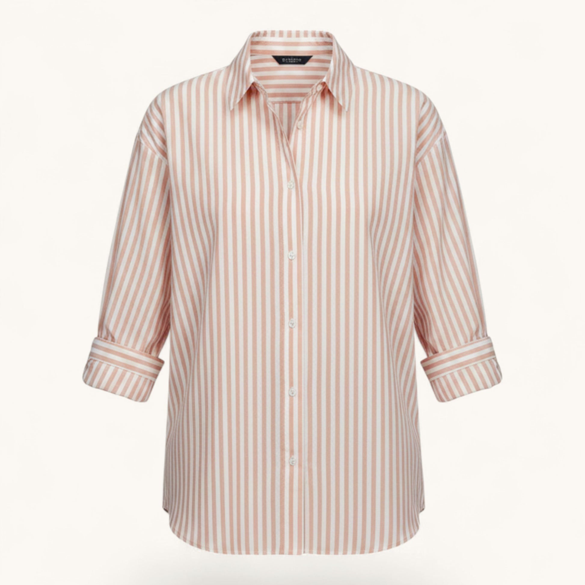 Feather & Sole pink and white striped cotton button-down shirt with "Hello Sunshine" embroidery.