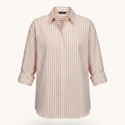 Feather & Sole pink and white striped cotton button-down shirt with "Hello Sunshine" embroidery.