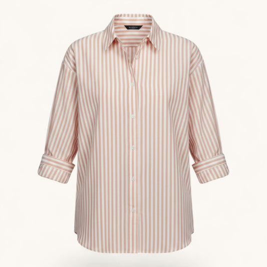 Feather & Sole pink and white striped cotton button-down shirt with "Hello Sunshine" embroidery.