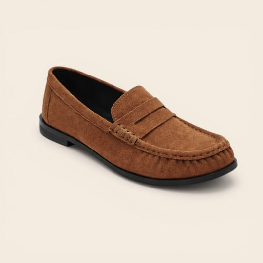 Feather & Sole tan faux suede penny loafers for women. Classic slip-on style with a soft finish and durable sole.