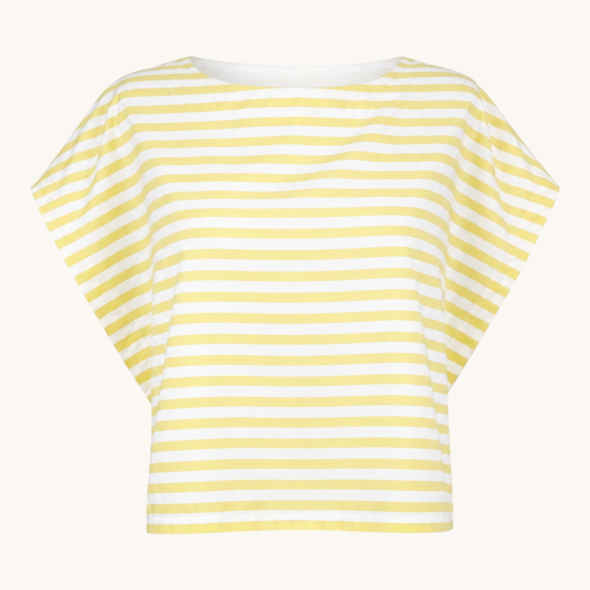 Feather & Sole yellow and white striped t-shirt, 100% polyester, slightly cropped fit.