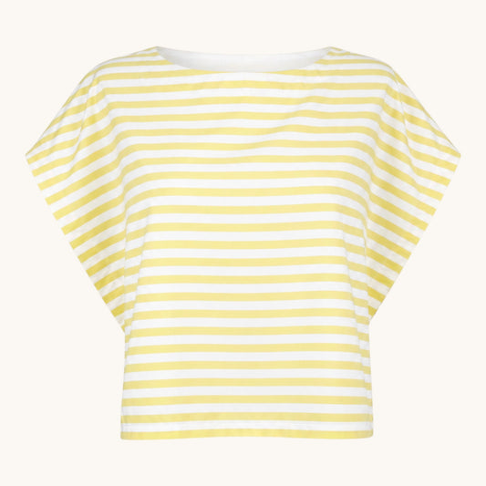 Feather & Sole yellow and white striped t-shirt, 100% polyester, slightly cropped fit.
