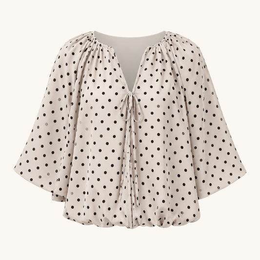 Feather & Sole beige polka-dot blouse with tie-neck and gathered sleeves. Lightweight fabric.