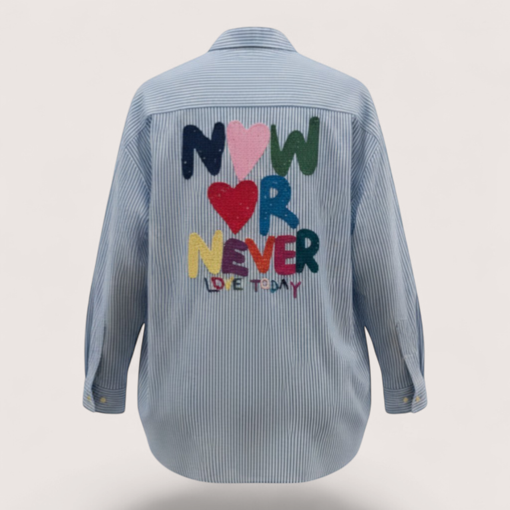 Feather & Sole blue striped cotton shirt with embroidered 'NOW OR NEVER LOVE TODAY' slogan and heart graphic on back.