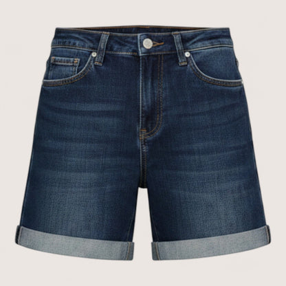 Feather & Sole dark blue denim P208 high-waisted stretch shorts with cuffed hems and zip-button closure.