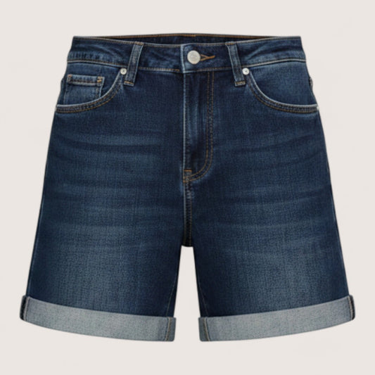 Feather & Sole dark blue denim P208 high-waisted stretch shorts with cuffed hems and zip-button closure.