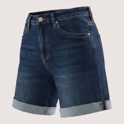 Feather & Sole dark blue denim P208 long stretch high-waisted shorts with cuffed hems, zip and button closure.