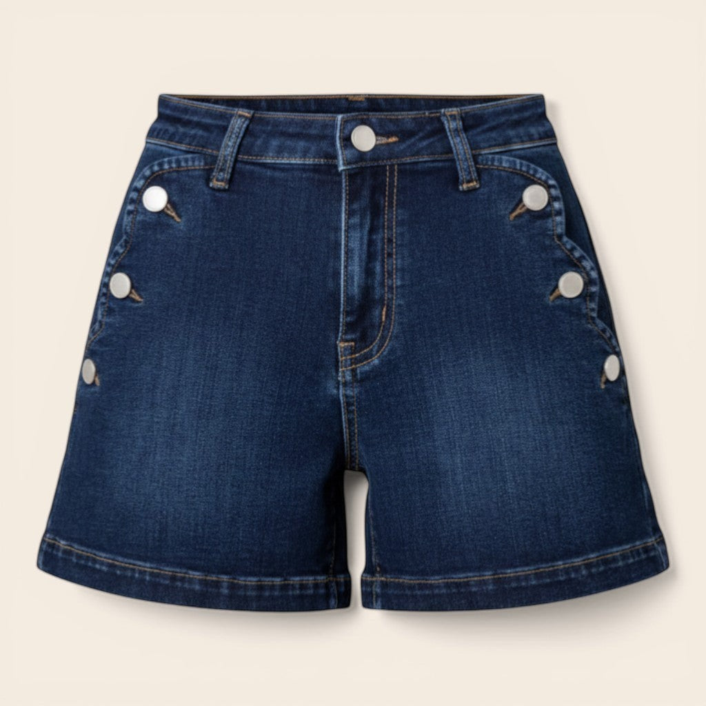 Feather & Sole dark blue high-waisted stretch denim shorts with decorative buttons on pockets and zipper fly.