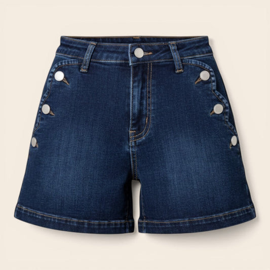 Feather & Sole dark blue high-waisted stretch denim shorts with decorative buttons on pockets and zipper fly.