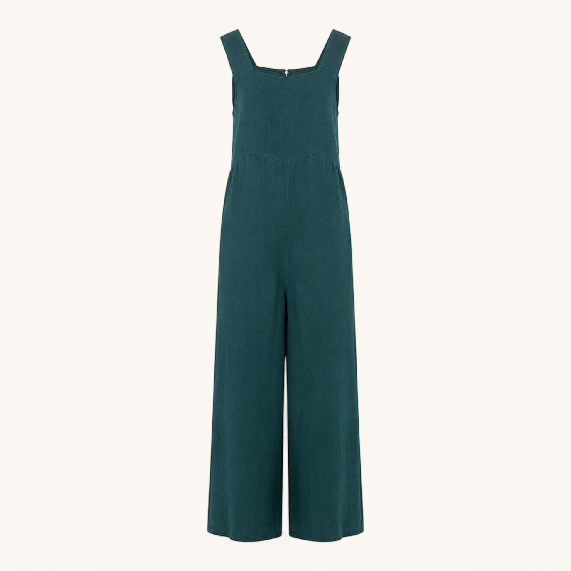 Feather & Sole forest green sleeveless wide-leg jumpsuit with a square neckline and structured waist seam.