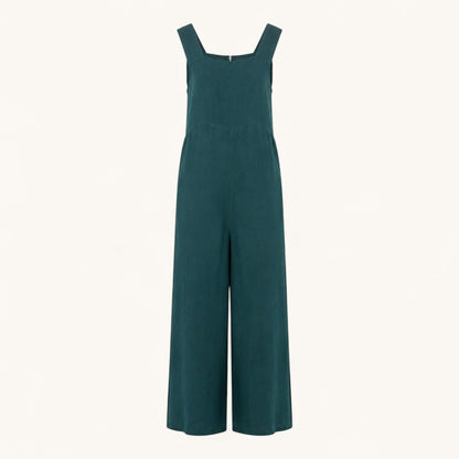 Feather & Sole forest green sleeveless wide-leg jumpsuit with a square neckline and structured waist seam.