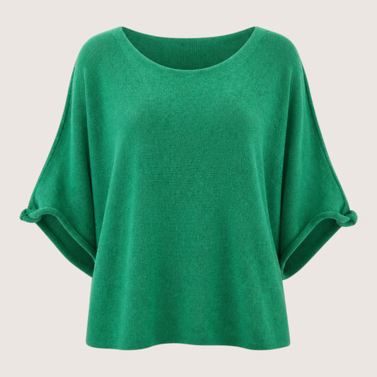Feather & Sole green fine knit top with dolman sleeves and a rounded neckline. Made from 50% cotton and 50% acrylic.