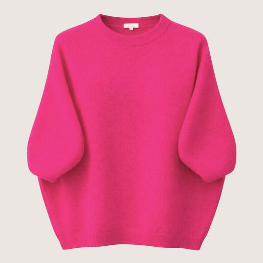 Feather & Sole hot pink baby alpaca 3/4 sleeve jumper with voluminous sleeves and relaxed fit.