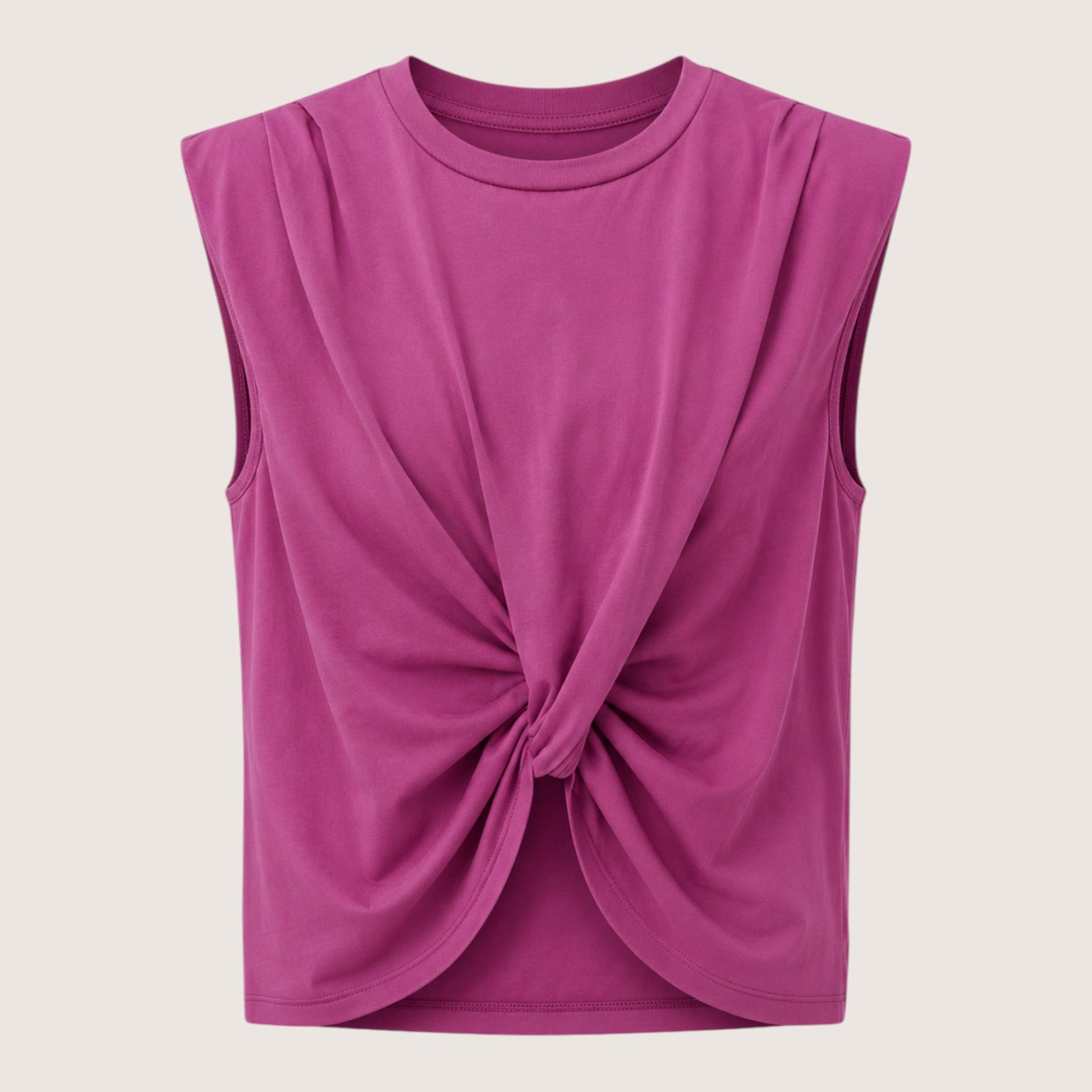 Feather & Sole magenta sleeveless t-shirt with shoulder pads and a knotted front detail, made from soft jersey fabric.