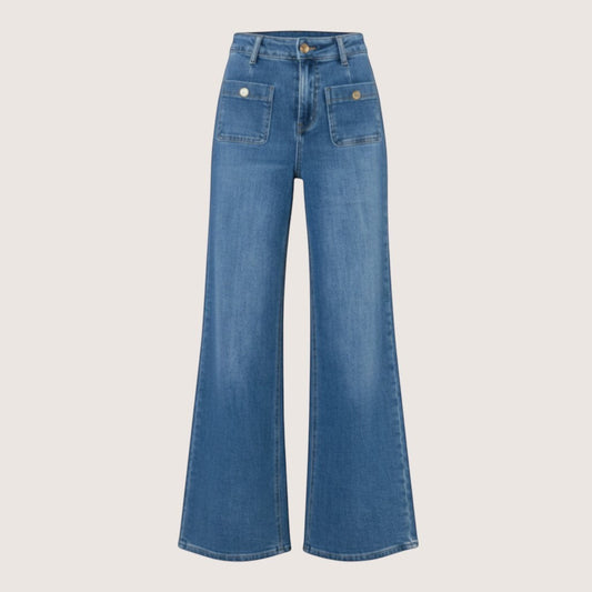 Feather & Sole mid-blue stretch denim wide-leg jeans with high-rise waist and patch pockets with button details.
