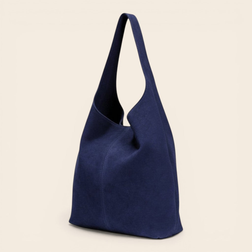 Feather & Sole navy blue suede hobo shoulder bag with magnet closure and inner purse. Made in Italy.