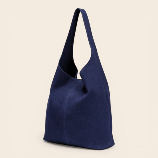 Feather & Sole navy blue suede hobo shoulder bag with magnet closure and inner purse. Made in Italy.