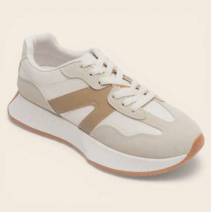 Feather & Sole neutral mix lace-up trainers with white canvas and tan leather accents, featuring a thick white sole and gum rubber outsole.