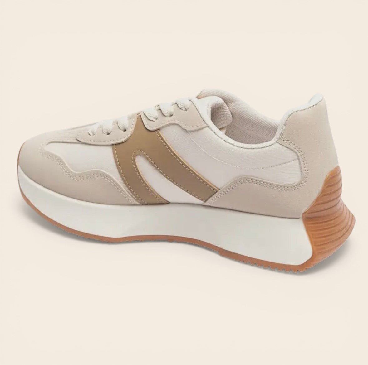 Feather & Sole neutral mix lace-up trainers with a thick white sole and tan accents. Lightweight and splash-proof.