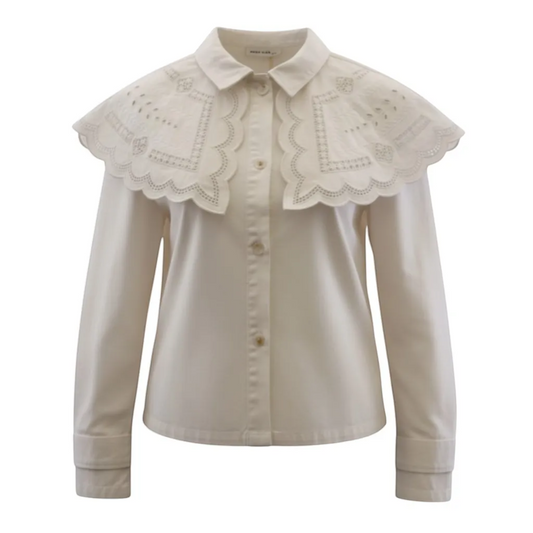 Feather & Sole off-white denim cape jacket with oversized embroidered collar and scalloped edges.