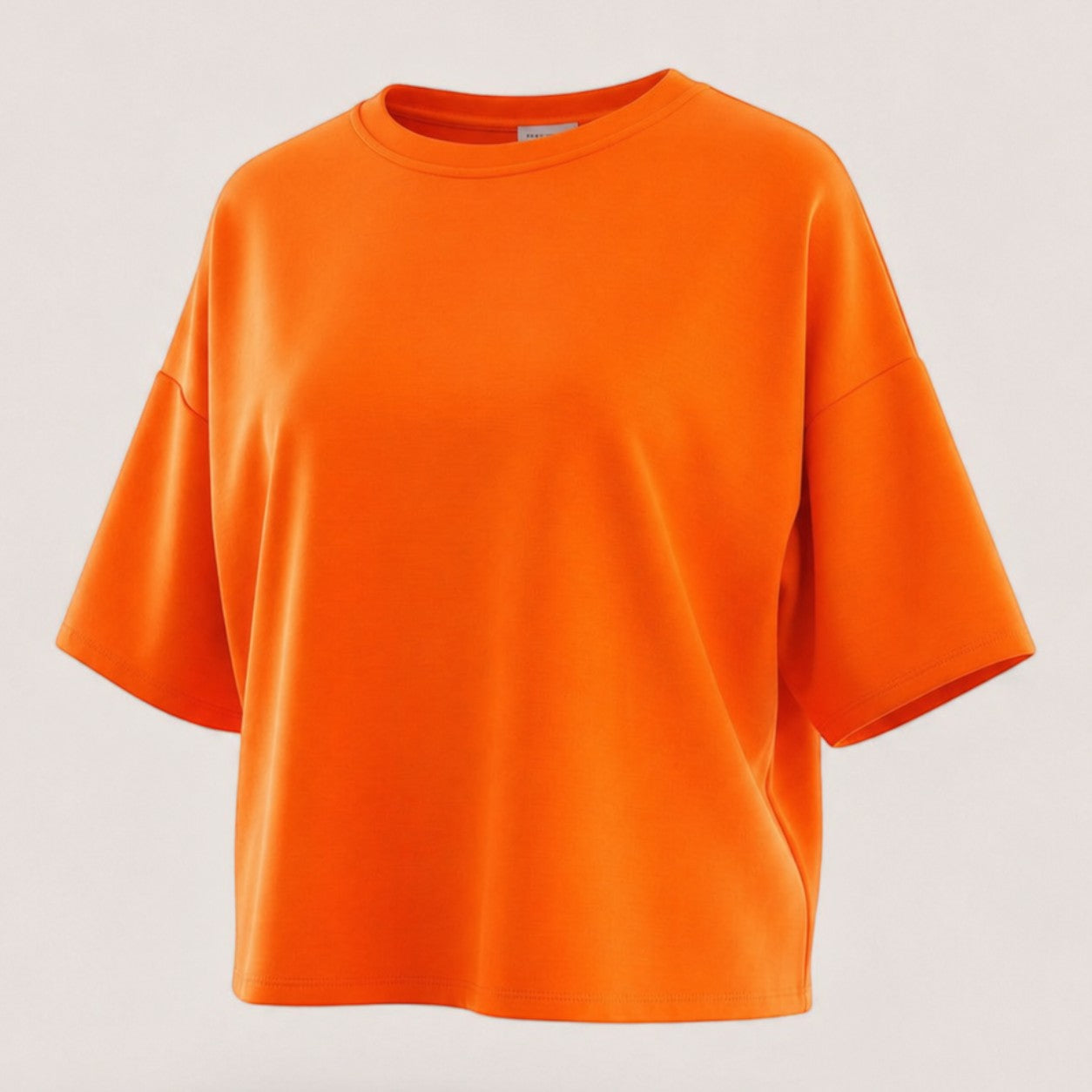 Feather & Sole orange boxy t-shirt, made in Italy from polyester, viscose, and elastane blend.