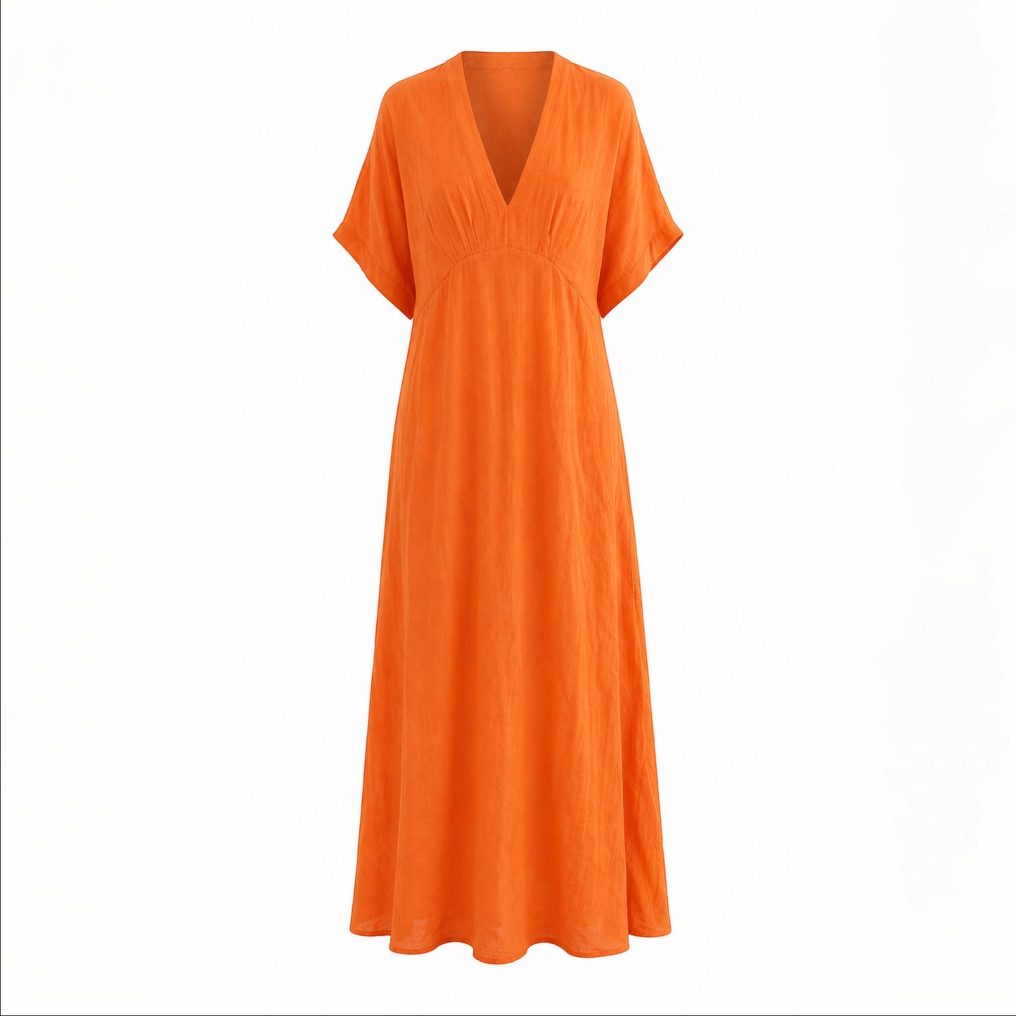 Feather & Sole orange V-neck midi dress, 100% cotton, short sleeves, relaxed fit.