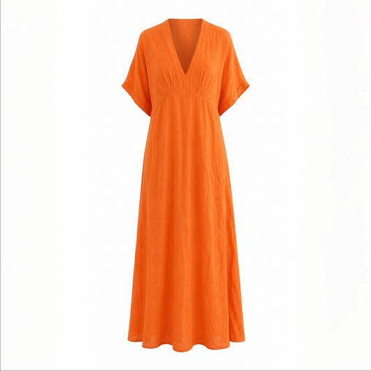 Feather & Sole orange V-neck midi dress, 100% cotton, short sleeves, relaxed fit.
