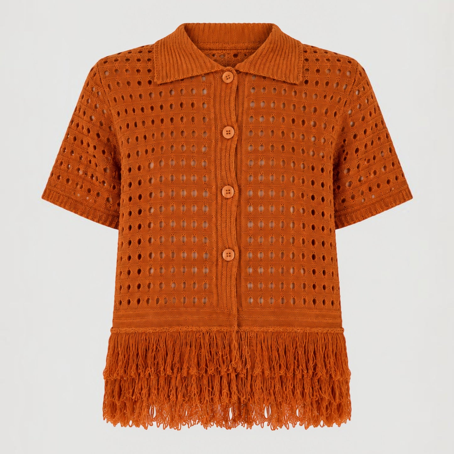 Feather & Sole orange knit short-sleeved collared top with open crochet detail and fringe hem.