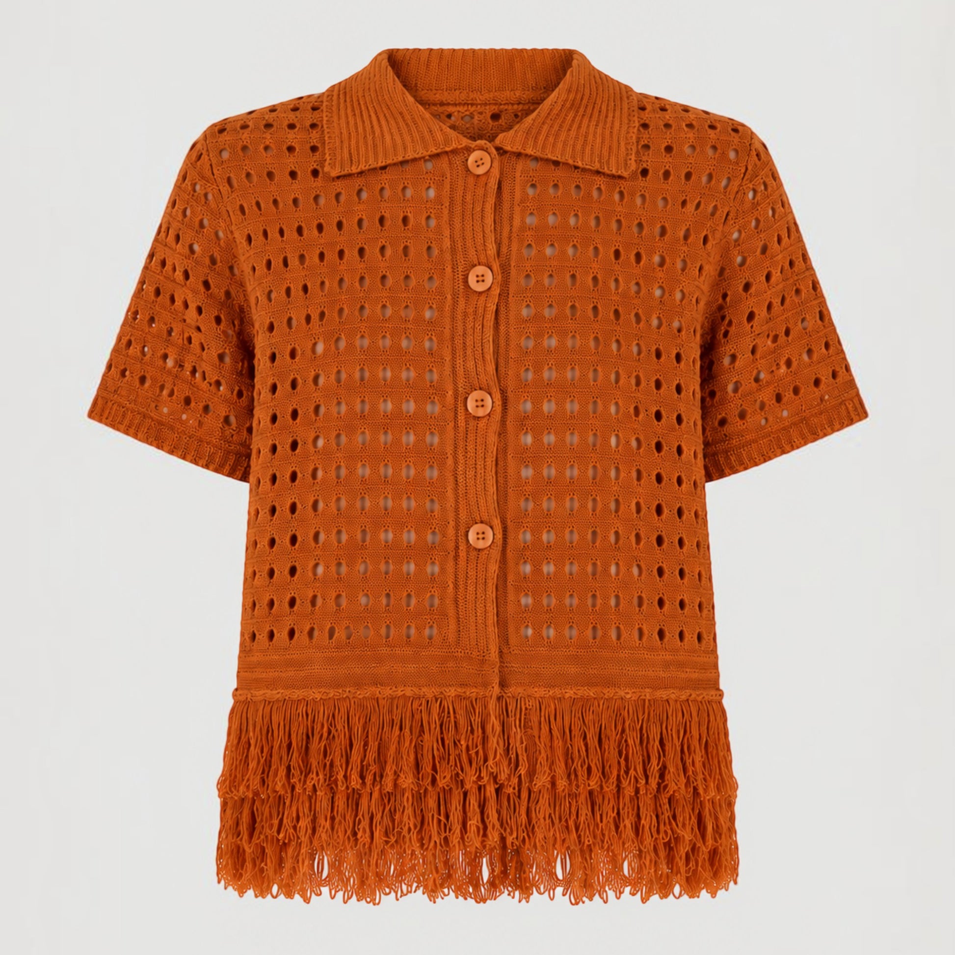 Feather & Sole orange knit short-sleeved collared top with open crochet detail and fringe hem.