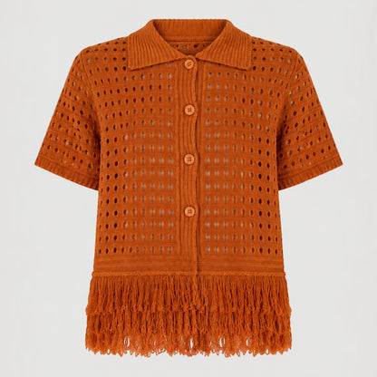 Feather & Sole orange knit short-sleeved collared top with open crochet detail and fringe hem.