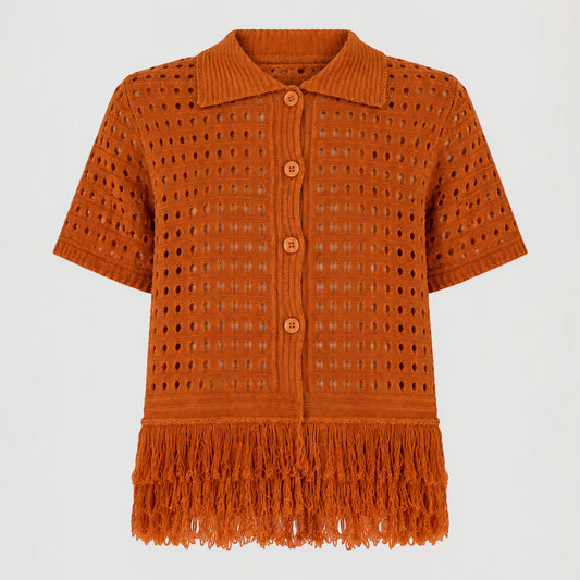 Feather & Sole orange knit short-sleeved collared top with open crochet detail and fringe hem.