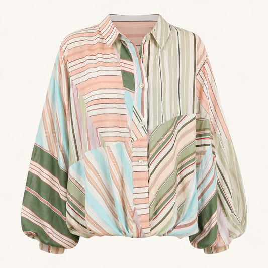 Feather & Sole pink, green, and blue patchwork stripe button-down shirt made of viscose and tencel with balloon sleeves.