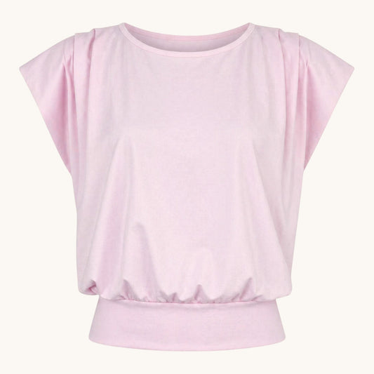 Feather & Sole pink cotton t-shirt with gathered cap sleeves and elasticated hem.