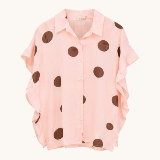 Feather & Sole pink 100% cotton shirt with large brown polka dots and ruffled short sleeves.