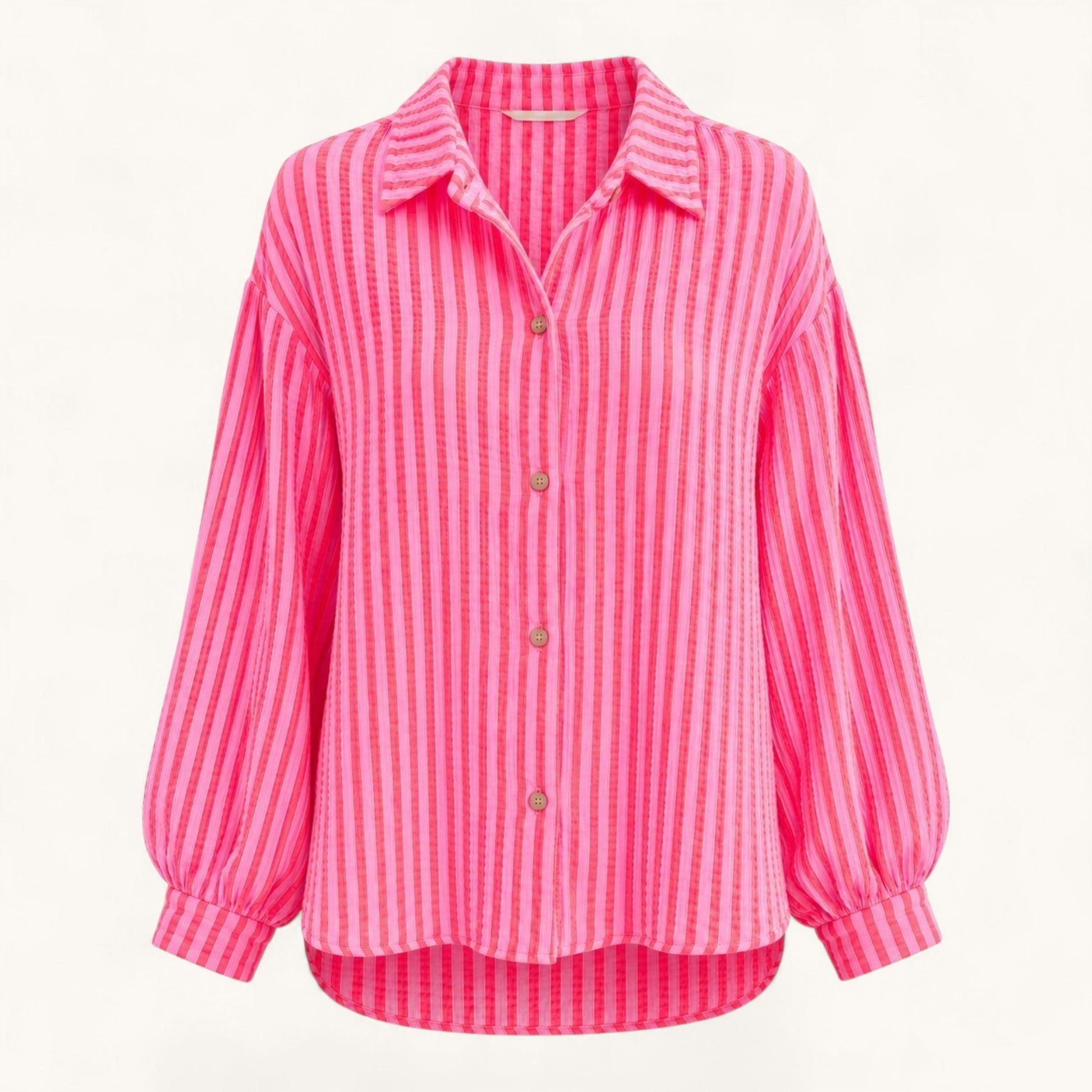 Feather & Sole pink striped long sleeve button down shirt with voluminous sleeves and a classic collar.